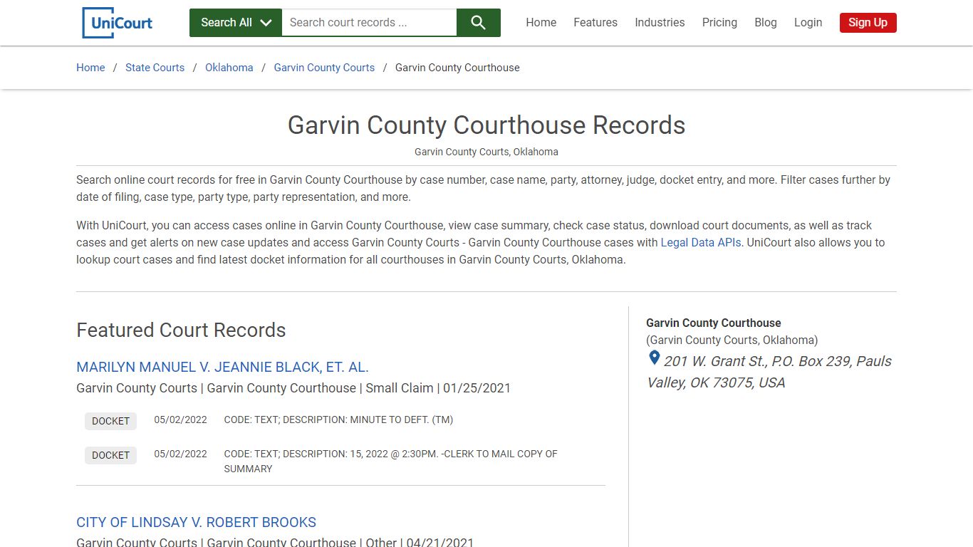 Garvin County Courthouse Records | Garvin | UniCourt